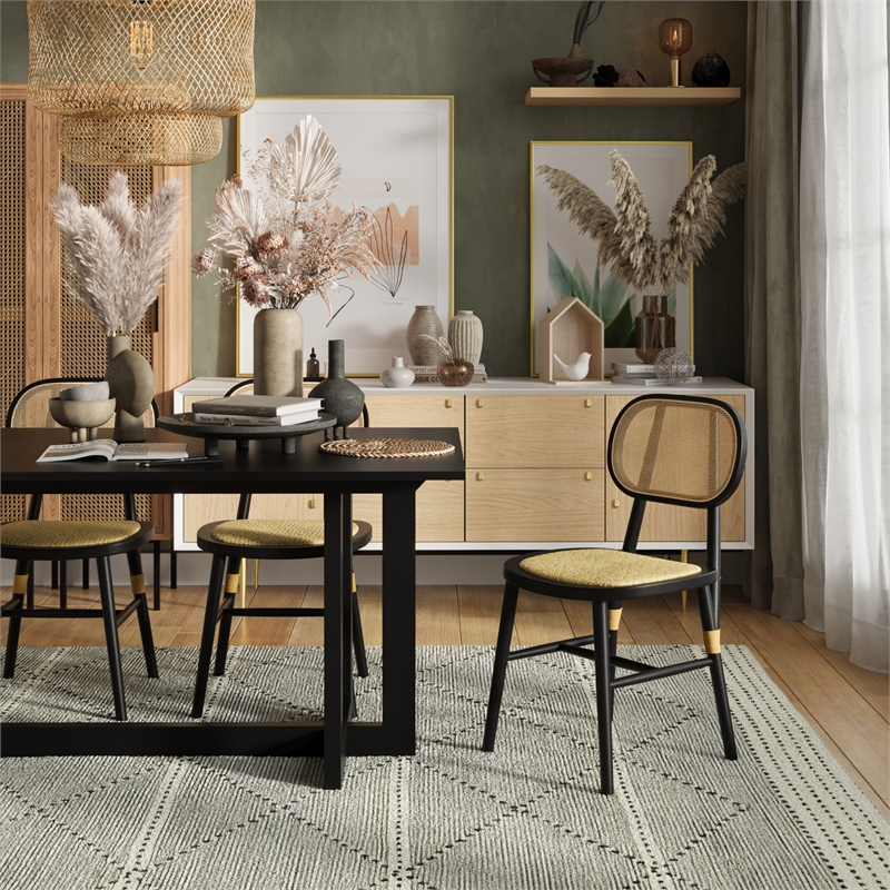 Pemberly Row Solid Wood with Natural Cane Side Chairs (Set of 2) in Black