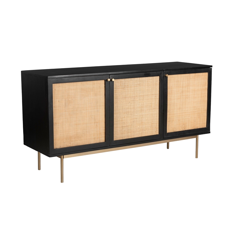 Pemberly Row 3-Door Solid Wood with Natural Woven Cane Sideboard in Black