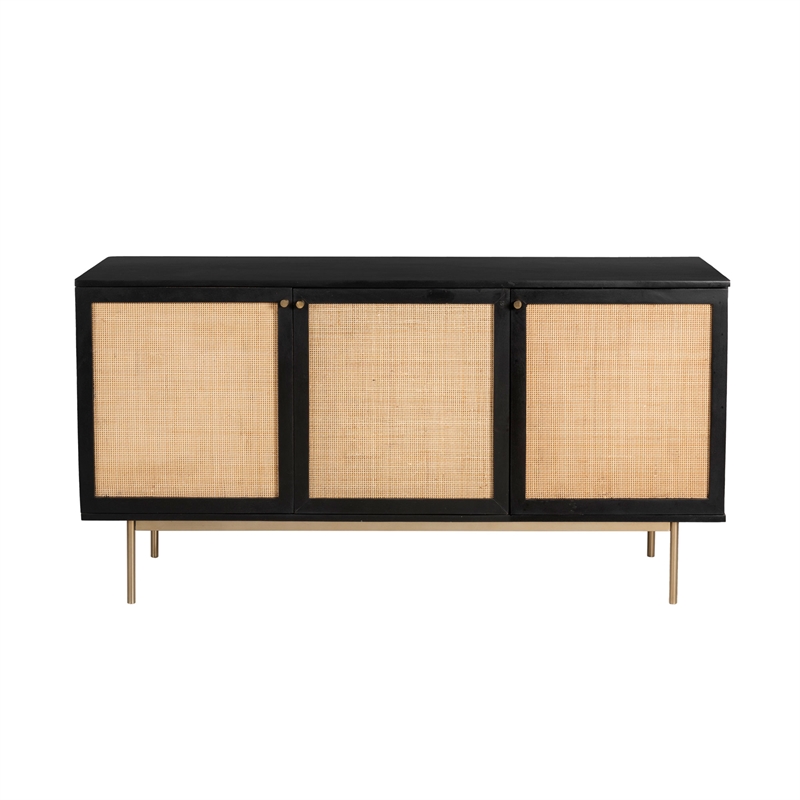 Pemberly Row 3-Door Solid Wood with Natural Woven Cane Sideboard in Black