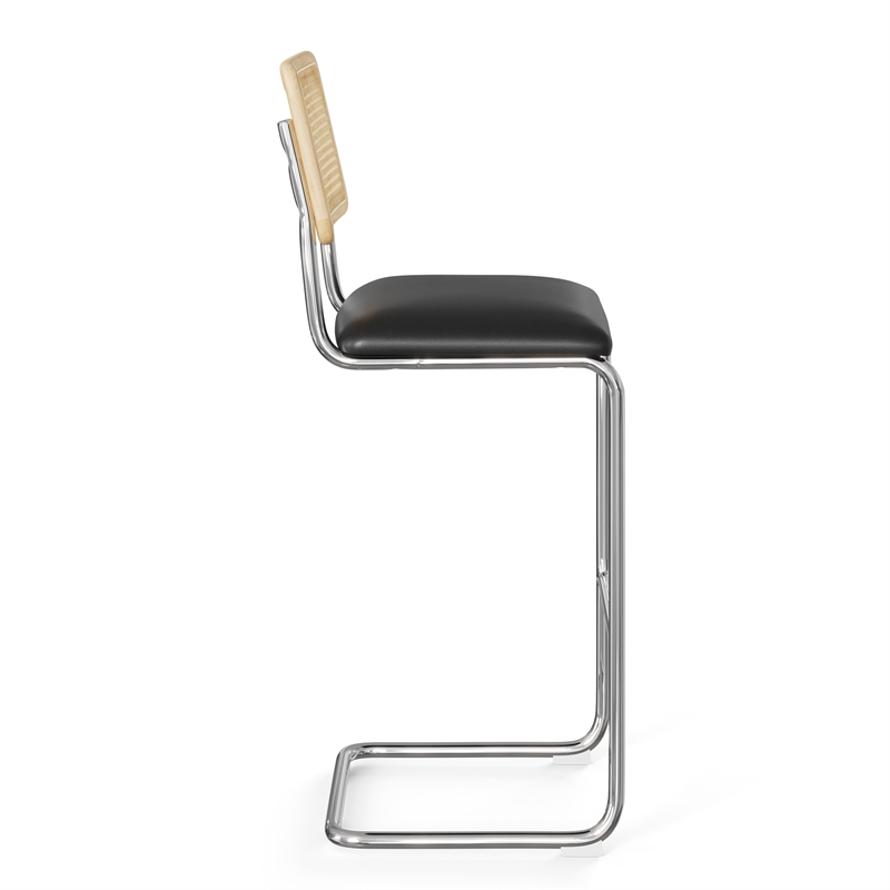 Pemberly Row Cane Back Vegan Leather Bar Height Stool (Set of 2) in Black