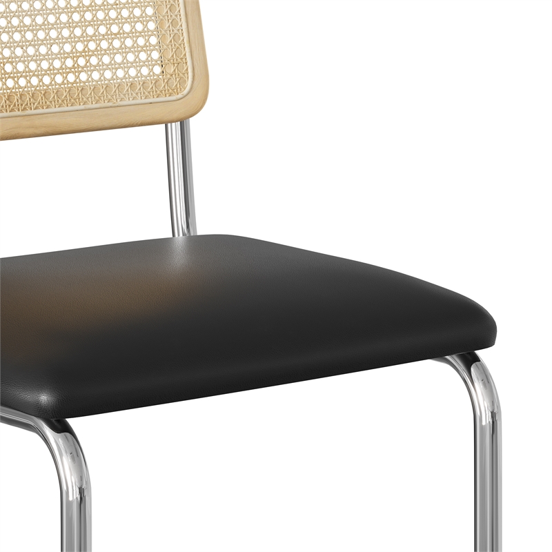 Pemberly Row Cane Back Vegan Leather Bar Height Stool (Set of 2) in Black