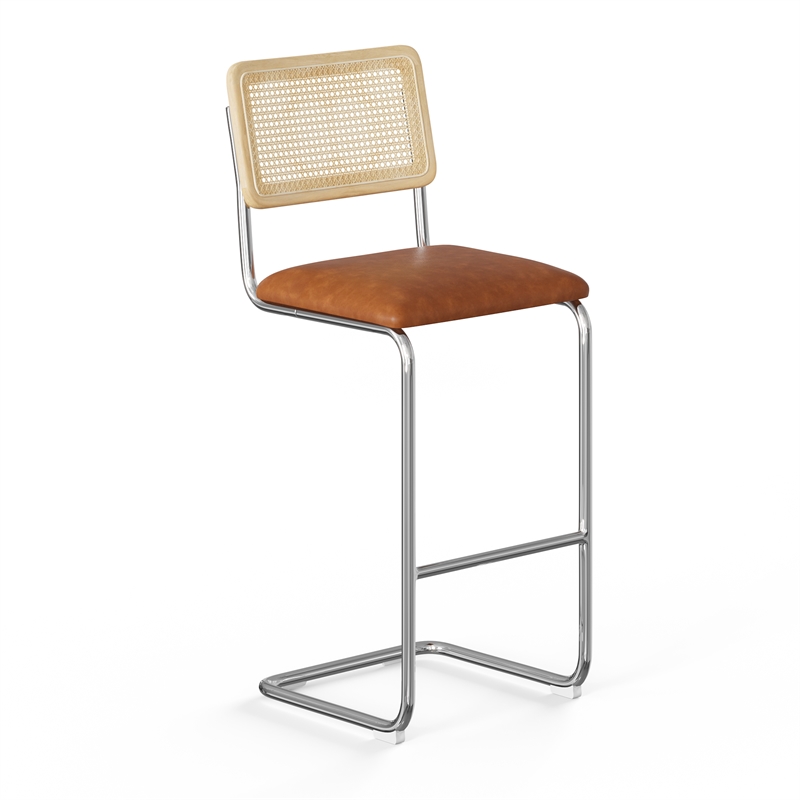 Pemberly Row Cane Back Vegan Leather Bar Height Stool (Set of 2) in Brown