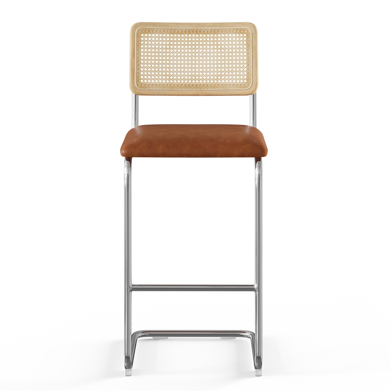Pemberly Row Cane Back Vegan Leather Bar Height Stool (Set of 2) in Brown