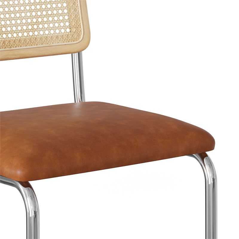 Pemberly Row Cane Back Vegan Leather Bar Height Stool (Set of 2) in Brown