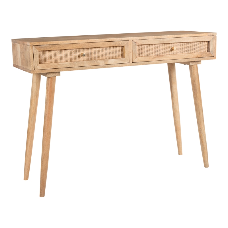 Pemberly Row Solid Wood with Natural Woven Cane Two-Drawer Desk in Natural