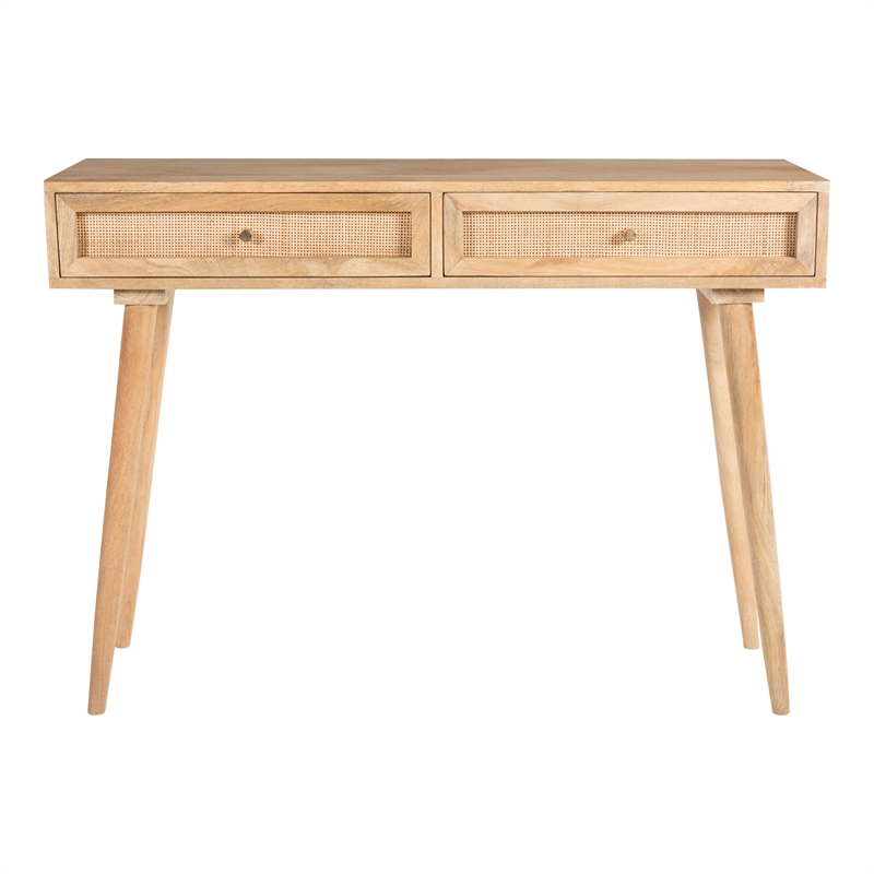 Pemberly Row Solid Wood with Natural Woven Cane Two-Drawer Desk in Natural