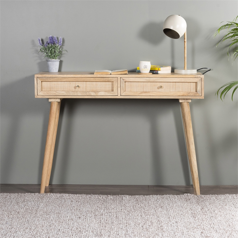 Pemberly Row Solid Wood with Natural Woven Cane Two-Drawer Desk in Natural