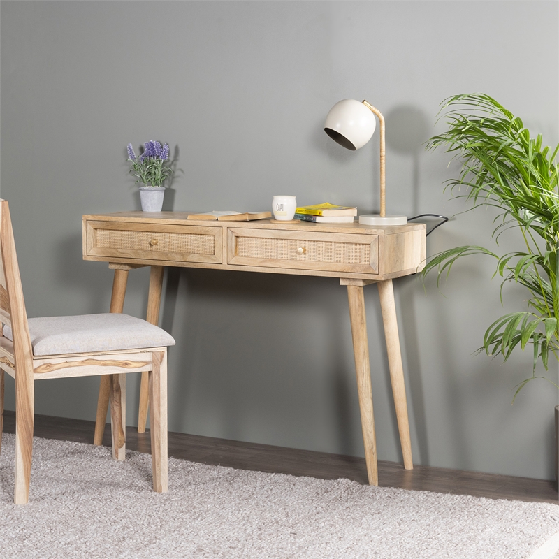 Pemberly Row Solid Wood with Natural Woven Cane Two-Drawer Desk in Natural