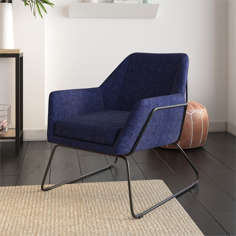 Pemberly Row Fabric Accent Chair with Black Powder Coated Sled Base in Navy