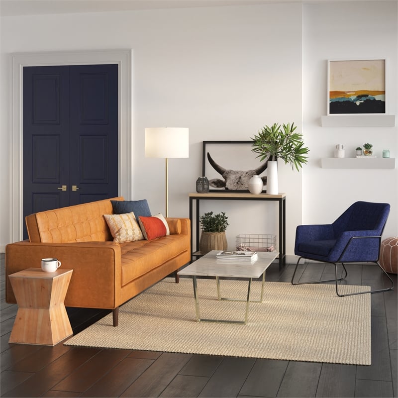 Pemberly Row Fabric Accent Chair with Black Powder Coated Sled Base in Navy