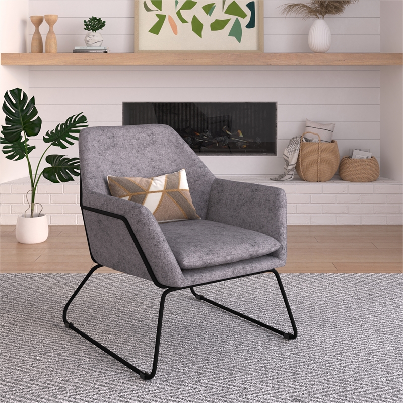 Pemberly Row Fabric Accent Chair with Black Powder Coated Sled Base in Gray