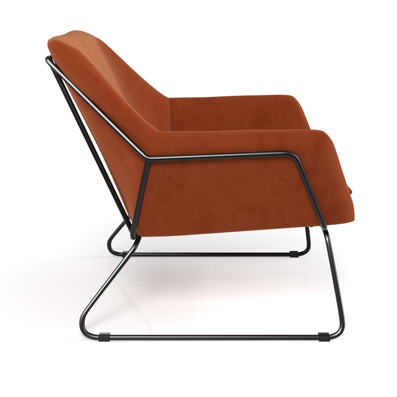 Pemberly Row Velvet Accent Chair with Black Powder Coated Sled Base in Rust