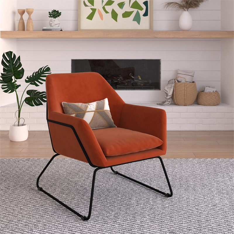 Pemberly Row Velvet Accent Chair with Black Powder Coated Sled Base in Rust