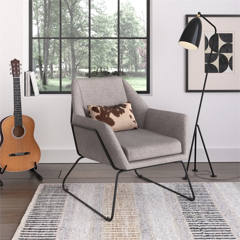 Pemberly Row Fabric Accent Chair with Black Powder Coated Sled Base in Beige