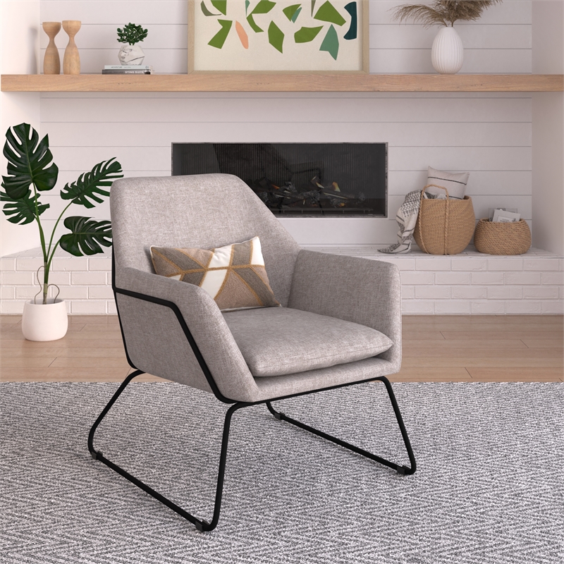 Pemberly Row Fabric Accent Chair with Black Powder Coated Sled Base in Beige