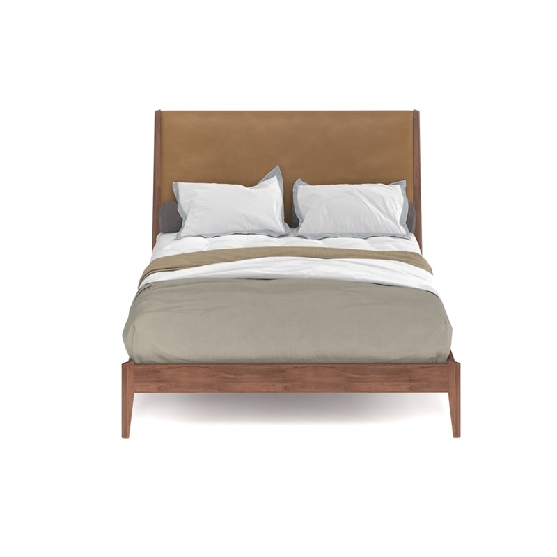 Pemberly Row Full Size Bed with Vegan Leather Upholstered Headboard in Walnut