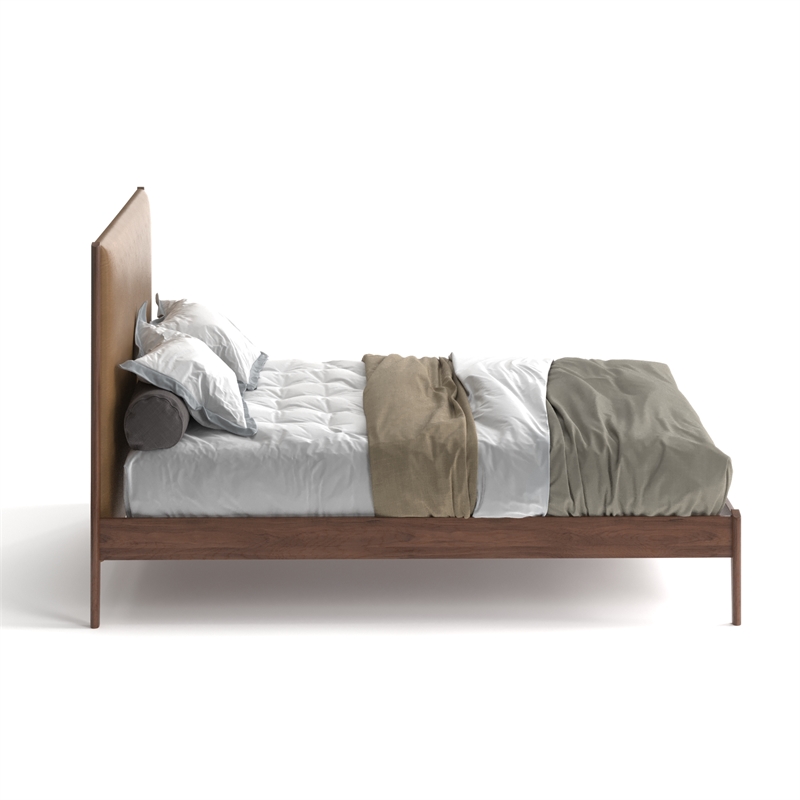 Pemberly Row Full Size Bed with Vegan Leather Upholstered Headboard in Walnut