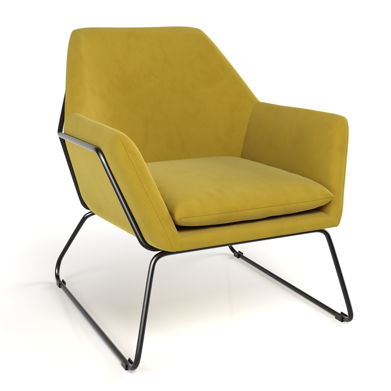 Pemberly Row Velvet Accent Chair with Black Powder Coated Sled Base in Mustard