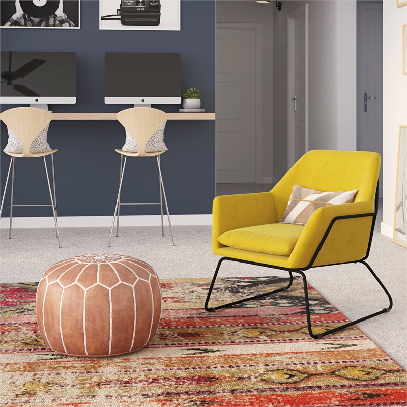 Pemberly Row Velvet Accent Chair with Black Powder Coated Sled Base in Mustard