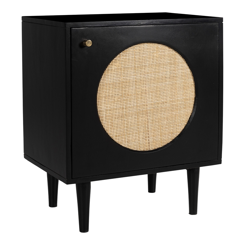 Pemberly Row Circle One Door Nightstand - Black Finish - Natural Cane in Black