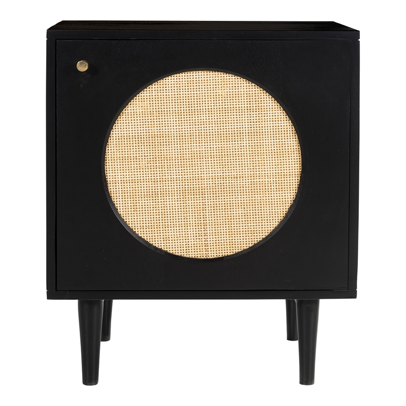 Pemberly Row Circle One Door Nightstand - Black Finish - Natural Cane in Black