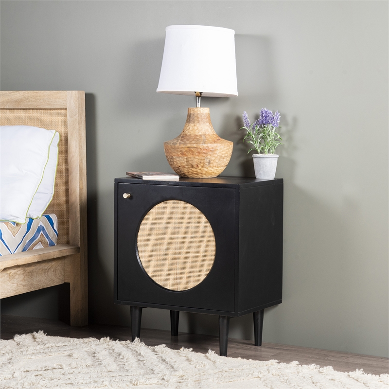 Pemberly Row Circle One Door Nightstand - Black Finish - Natural Cane in Black