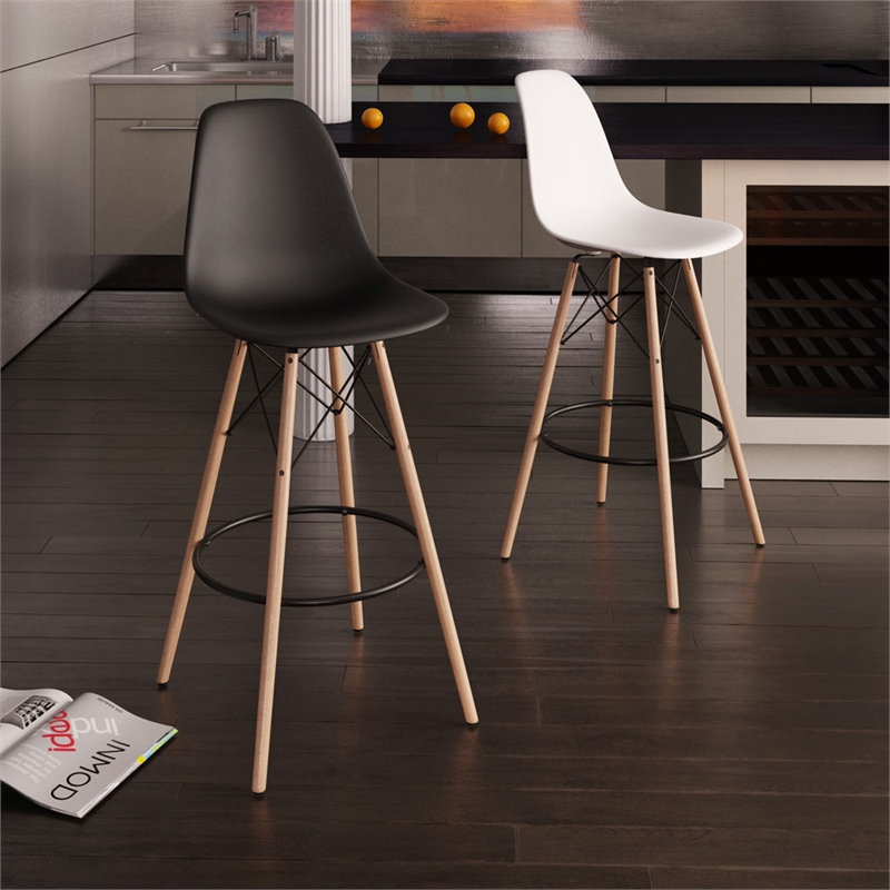 Pemberly Row Durable Molded Plastic Seat Bar Height Stools (Set of 2) in Black