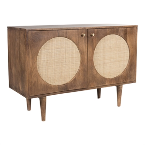 Pemberly Row Circle Solid Wood with Natural Woven Cane 2-Door Cabinet in Walnut