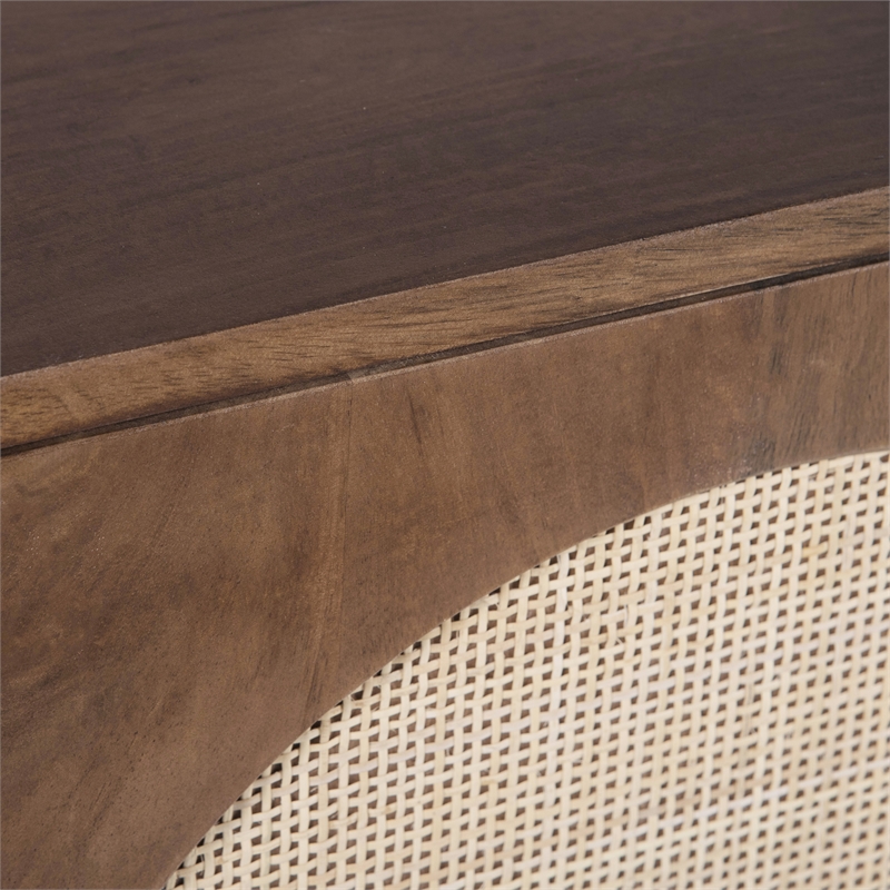 Pemberly Row Circle Solid Wood with Natural Woven Cane 2-Door Cabinet in Walnut