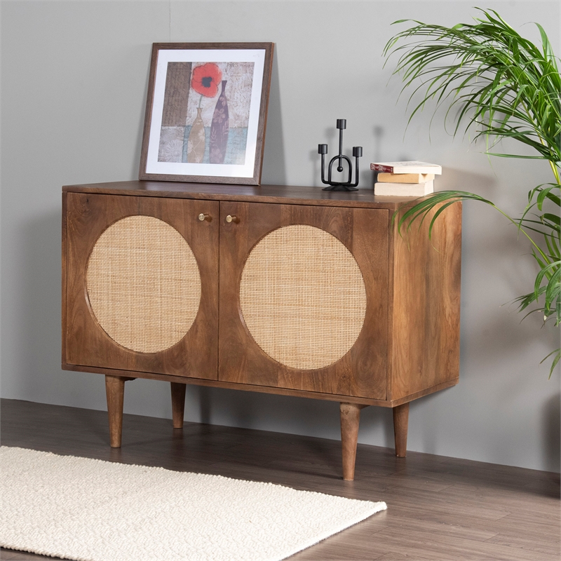 Pemberly Row Circle Solid Wood with Natural Woven Cane 2-Door Cabinet in Walnut