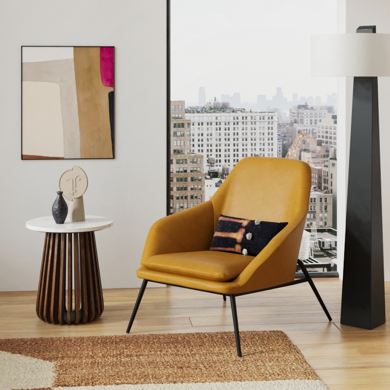 Pemberly Row Mid-Century Black Powder Coated Metal Frame Lounge Chair in Caramel