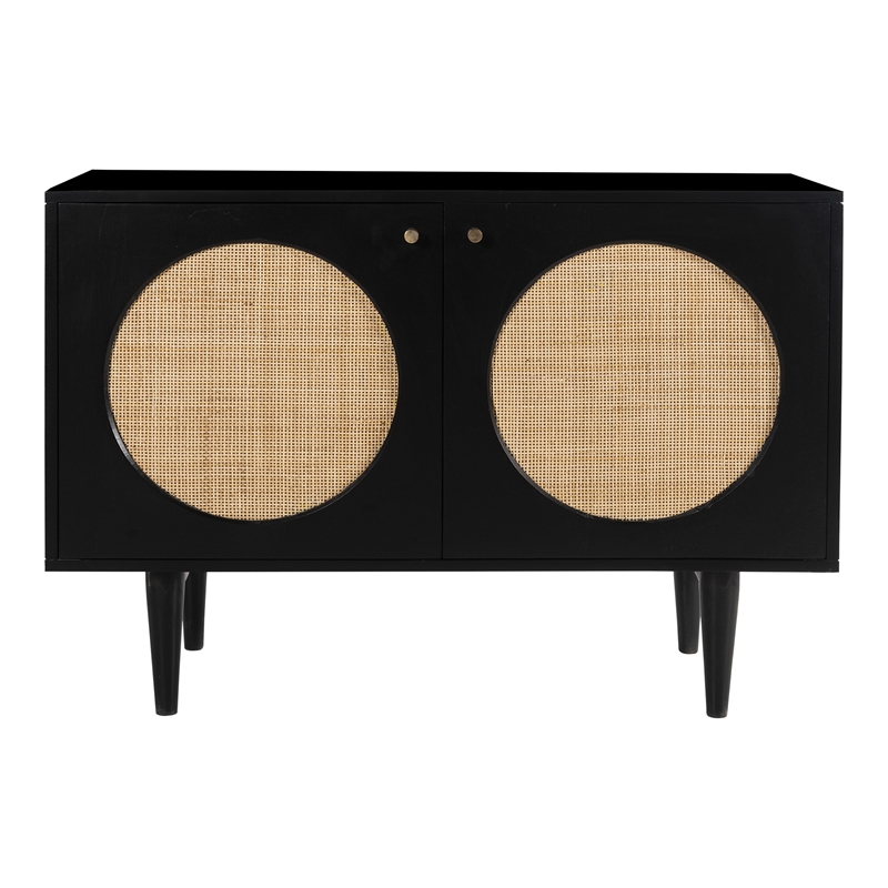 Pemberly Row Circle Solid Wood with Natural Woven Cane Two-Door Cabinet in Black