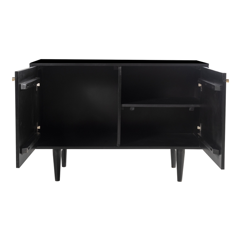 Pemberly Row Circle Solid Wood with Natural Woven Cane Two-Door Cabinet in Black