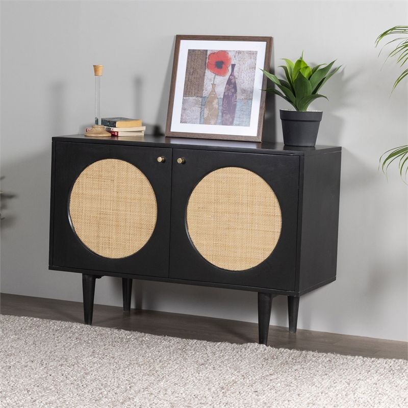Pemberly Row Circle Solid Wood with Natural Woven Cane Two-Door Cabinet in Black