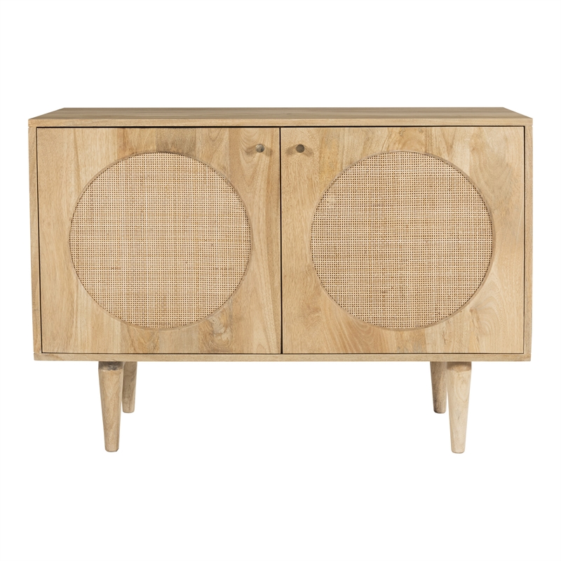 Pemberly Row Circle Solid Wood with Natural Woven Cane 2-Door Cabinet in Natural