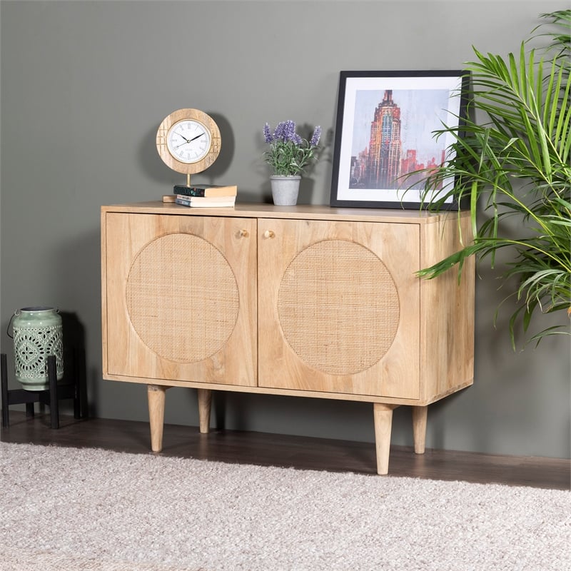 Pemberly Row Circle Solid Wood with Natural Woven Cane 2-Door Cabinet in Natural