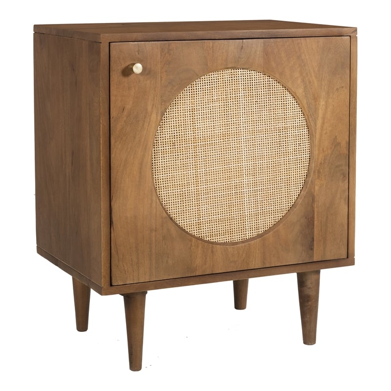 Pemberly Row Circle One Door Nightstand - Walnut Finish - Natural Cane in Walnut