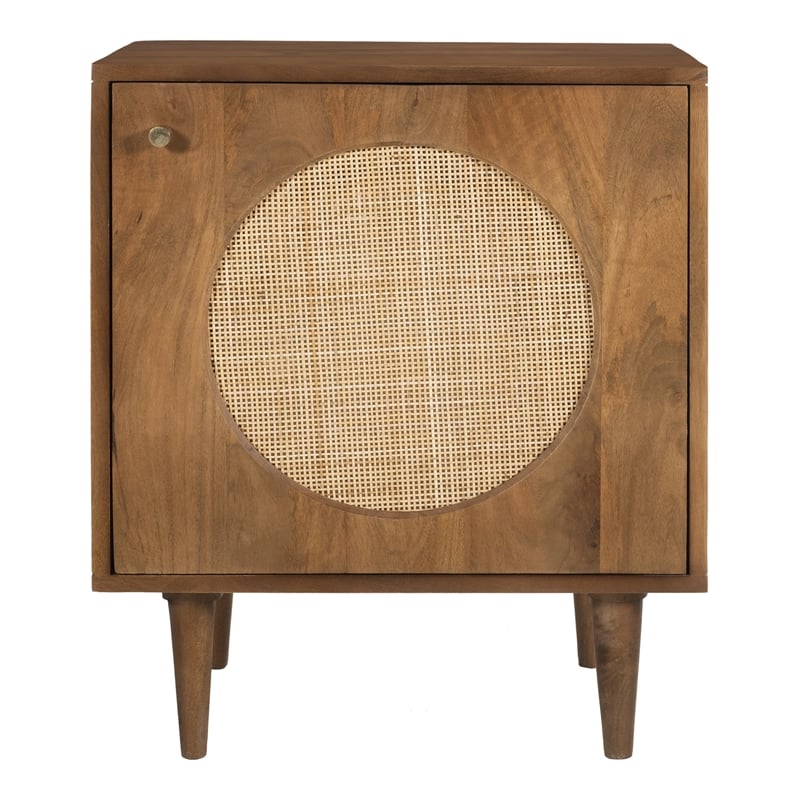 Pemberly Row Circle One Door Nightstand - Walnut Finish - Natural Cane in Walnut