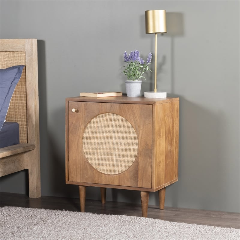 Pemberly Row Circle One Door Nightstand - Walnut Finish - Natural Cane in Walnut