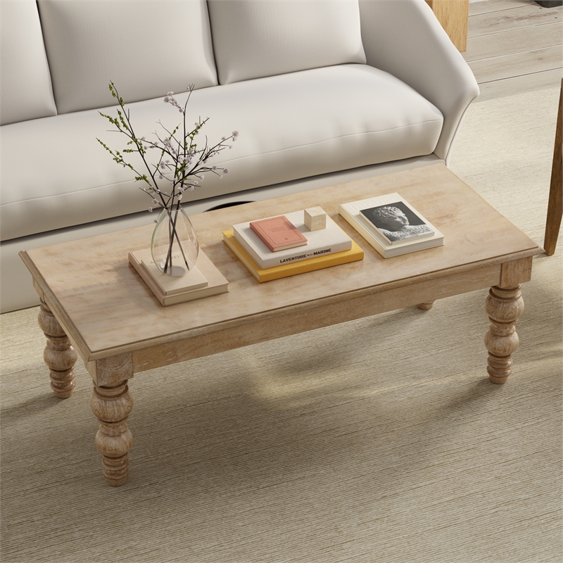 Pemberley Row Solid Mango Wood Natural Coffee Table Rectangular French-Country Design 18