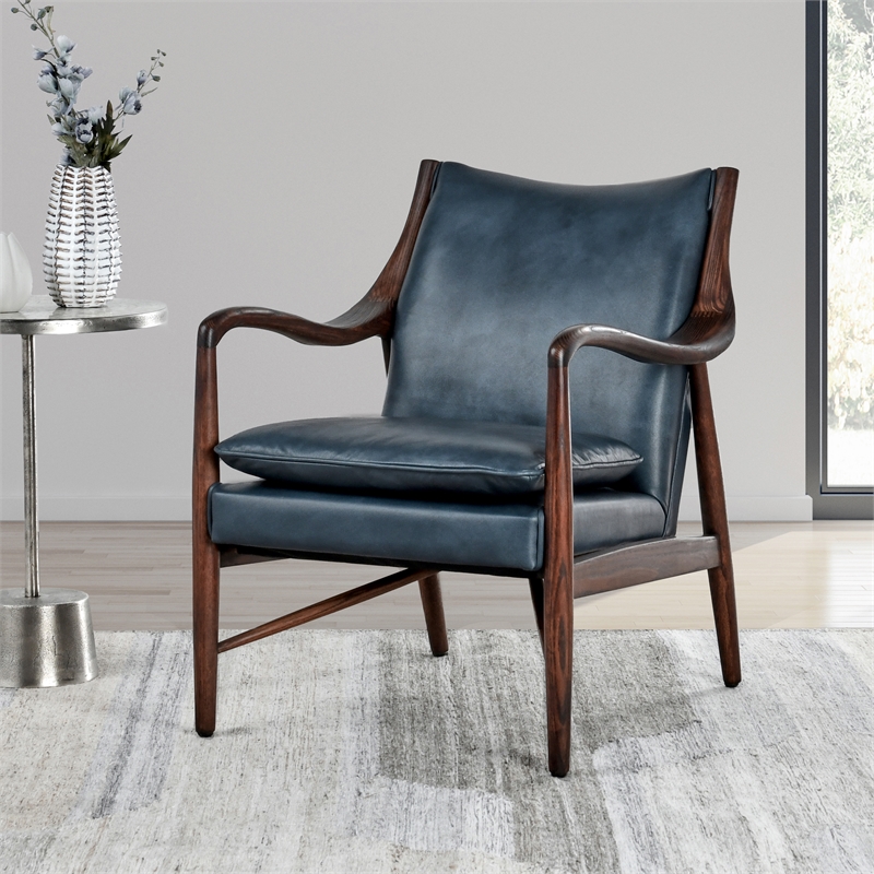 Pemberly Row Transitional Leather Club Chair in Dark Blue/Brown
