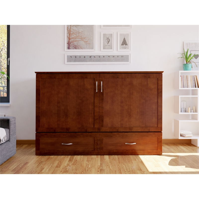 Pemberly Row Set of 2 Queen Murphy Bed Chest with Mattress & Side Table - Walnut
