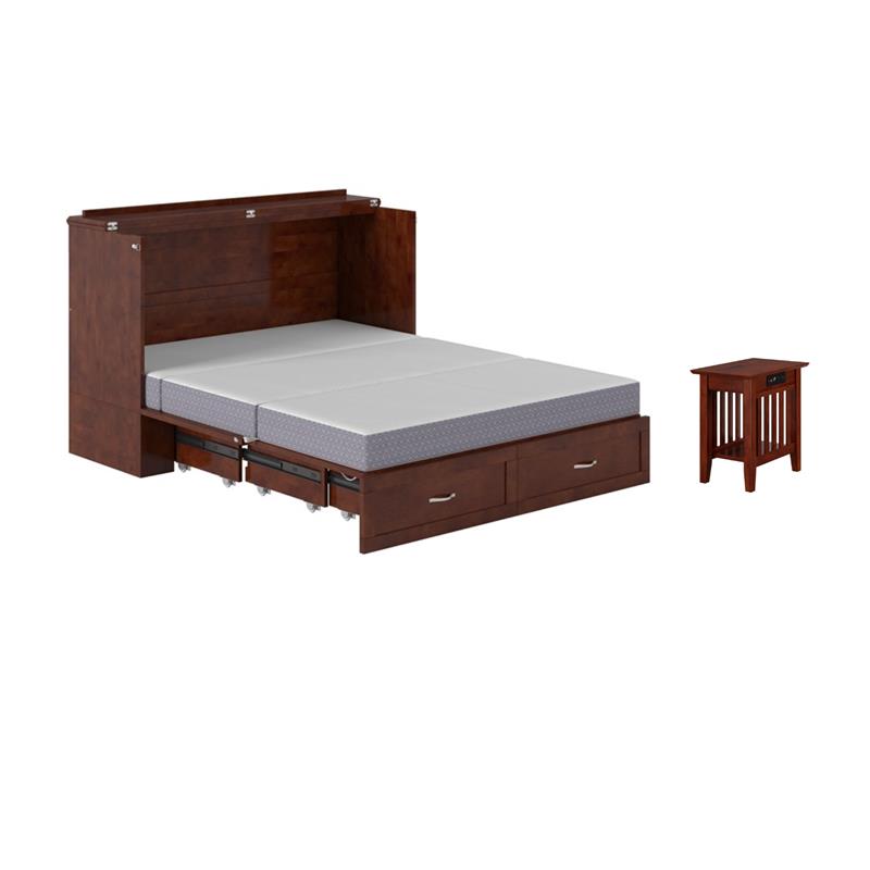 Pemberly Row Set of 2 Queen Murphy Bed Chest with Mattress & Side Table - Walnut