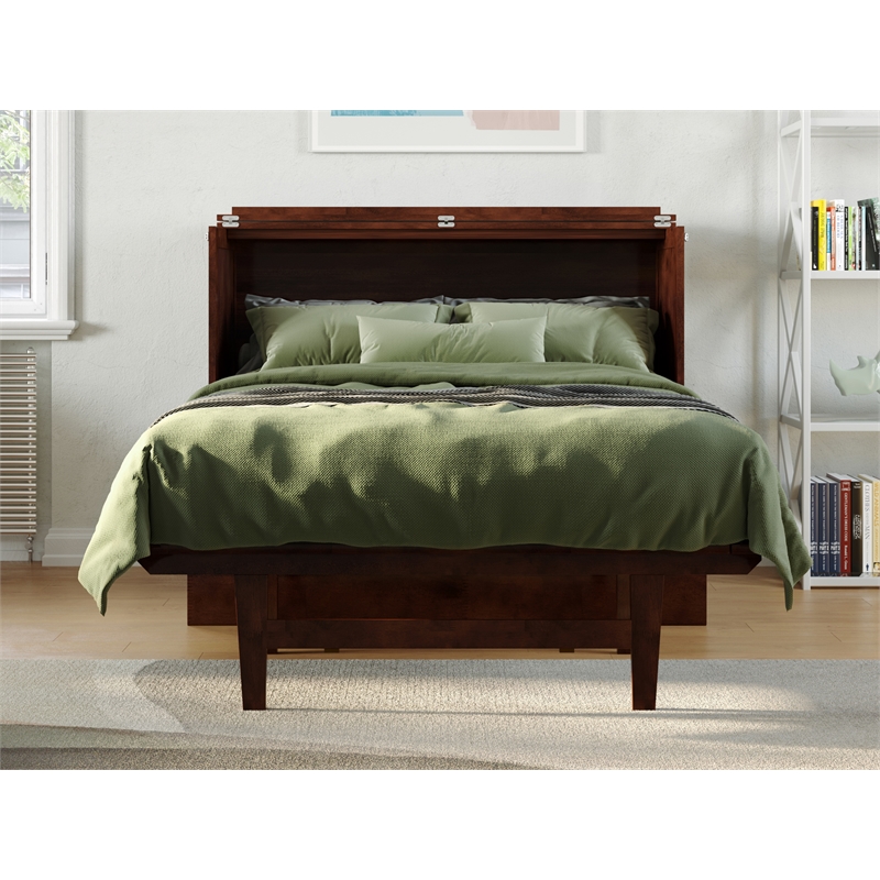 Pemberly Row Set of 2 Walnut Full Size Murphy Bed Desk w/ Mattress & Side Table