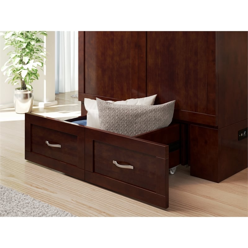 Pemberly Row Set of 2 Twin Extra Long Murphy Bed Chest & Side Table in Walnut