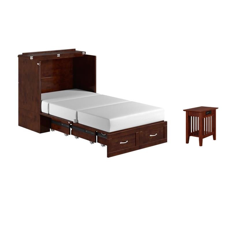 Pemberly Row Set of 2 Twin Extra Long Murphy Bed Chest & Side Table in Walnut