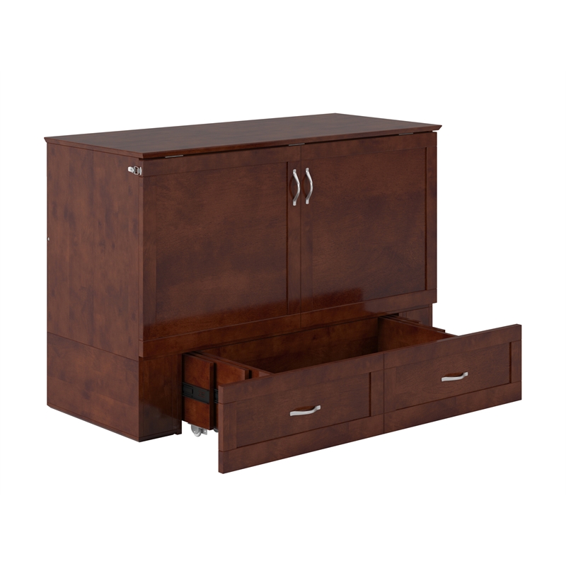 Pemberly Row Set of 2 Murphy Full Bed Chest with Mattress & Side Table in Walnut