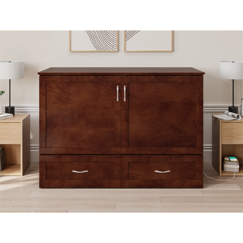 Pemberly Row Set of 2 Murphy Full Bed Chest with Mattress & Side Table in Walnut