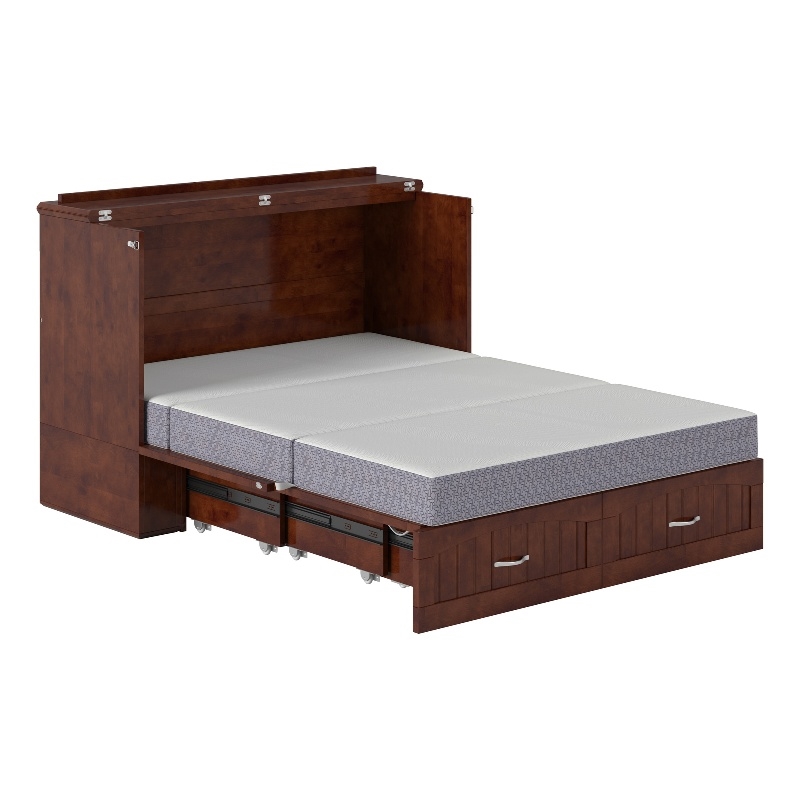 Pemberly Row Set of 2 Murphy Full Bed Chest with Mattress & Side Table in Walnut