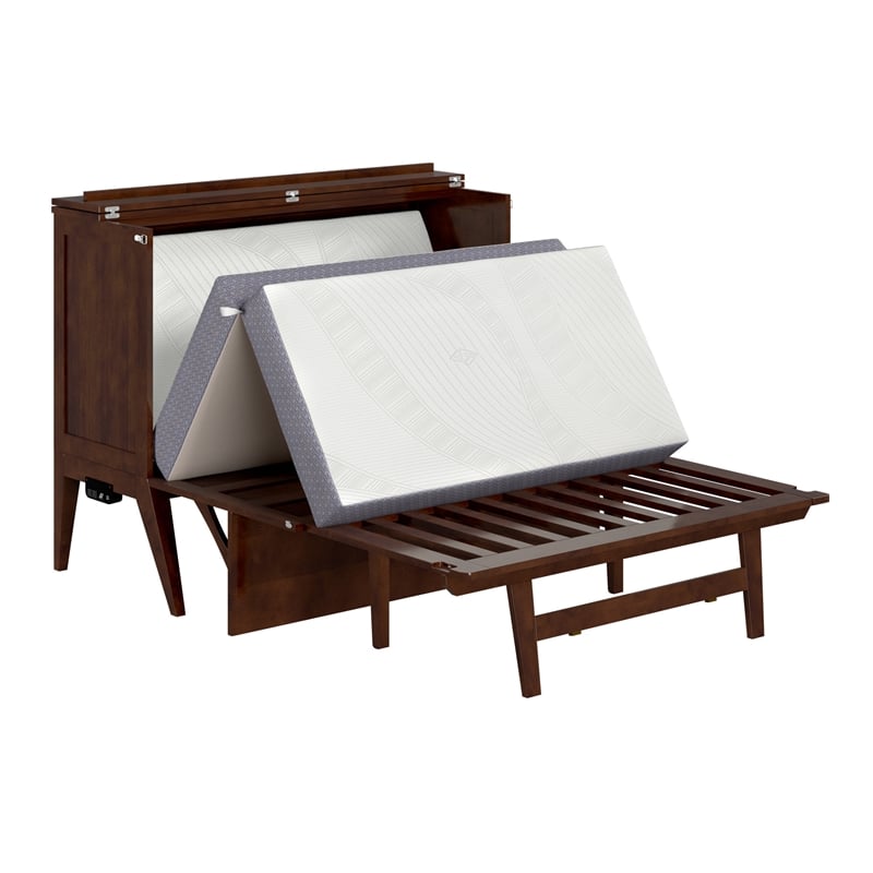 Pemberly Row Set of 2 Walnut Full Size Murphy Bed Desk w/ Mattress & Side Table